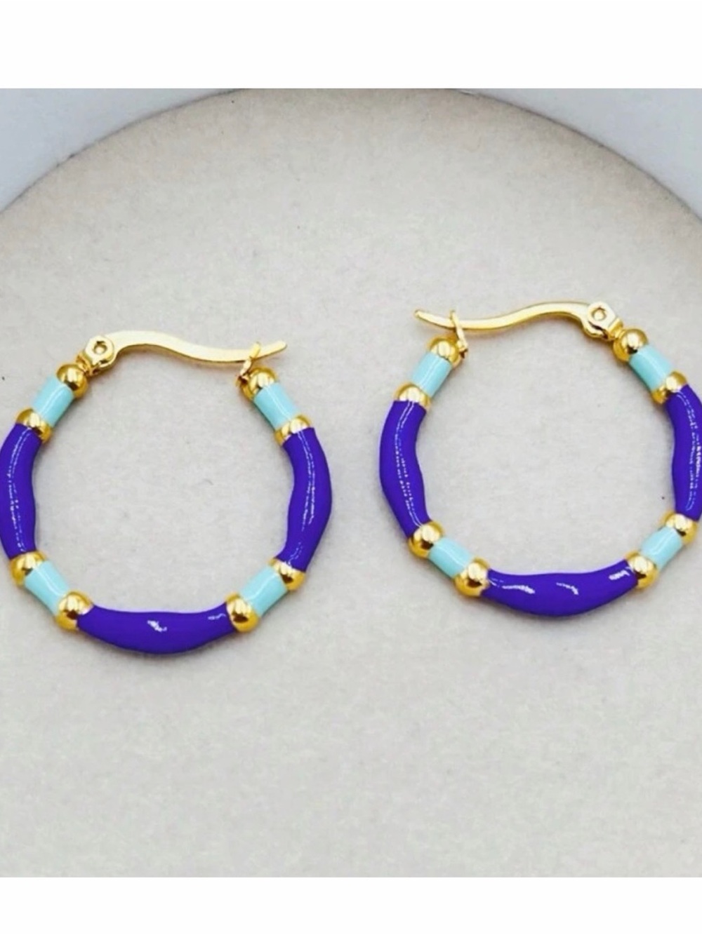 Stainless Steel Earrings with Purple and Light Blue Enamel Accents